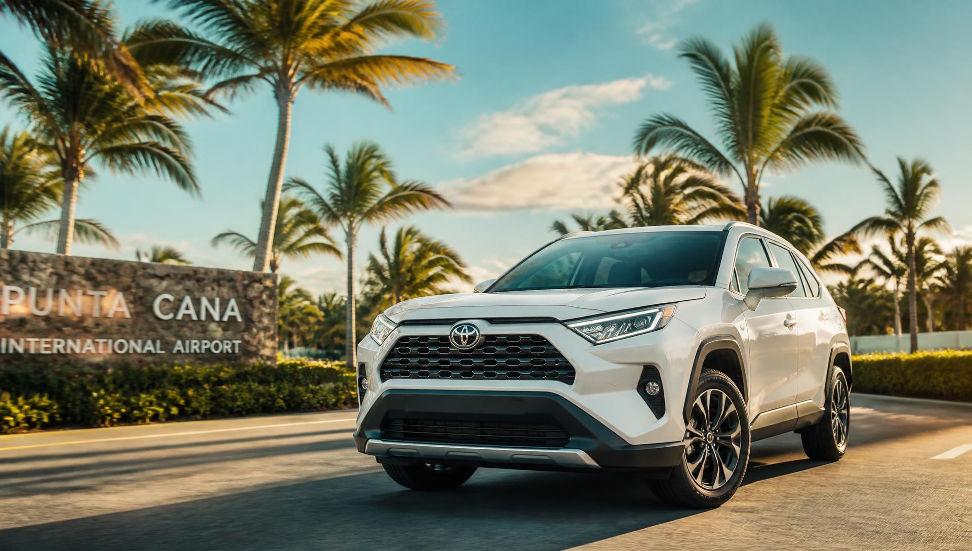 SUV de renta frente al Aeropuerto Internacional de Punta Cana rodeado de palmeras